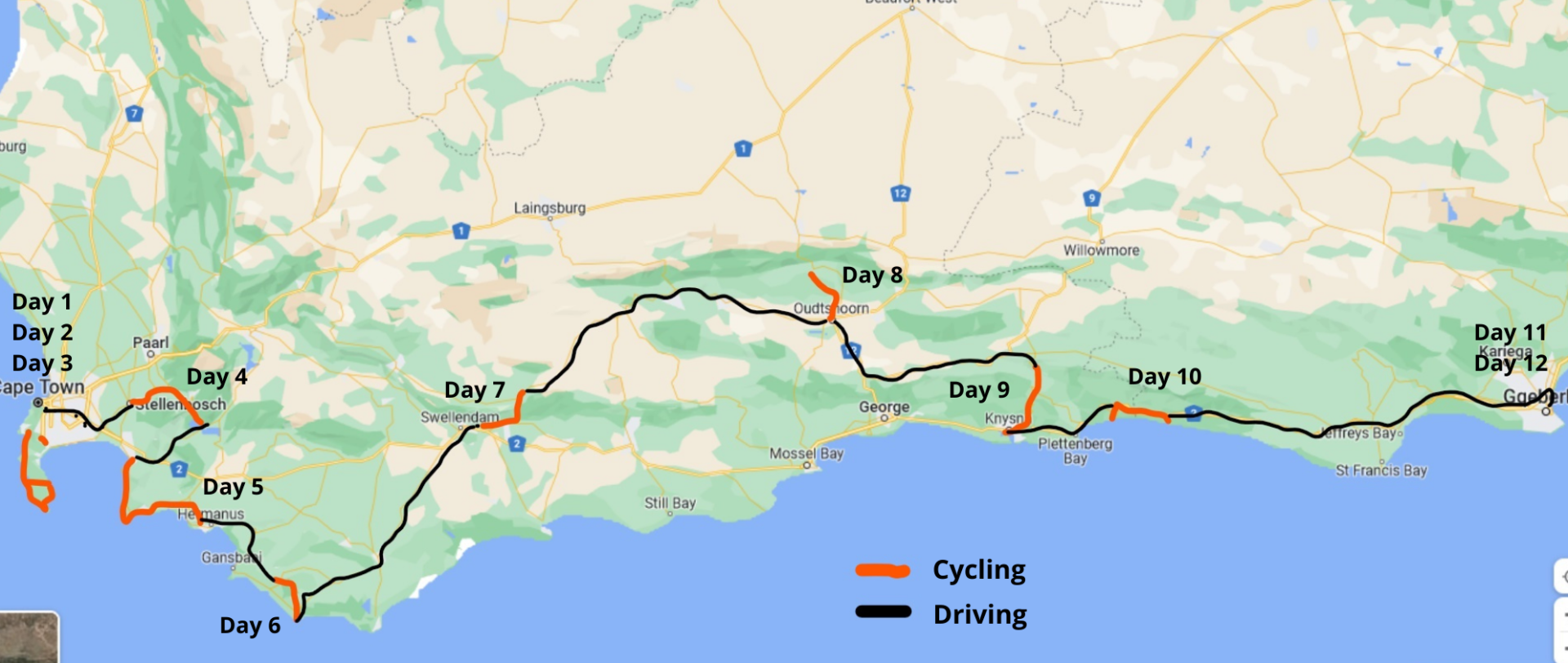 Garden route map of cycling on garden route bicycle tour
